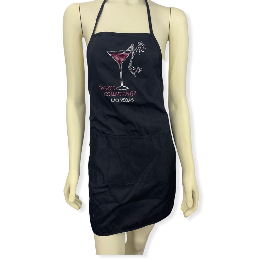 Who's Counting Las Vegas Martini & Heel rhinestone Apron 2 pockets tie back NWT